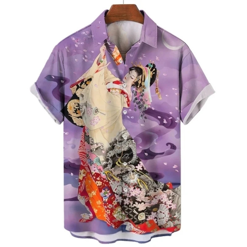 Camisa curta havaiana masculina com estampa 3D, blusa masculina, roupa casual, Yamato Geisha, Japão, moda flor, verão