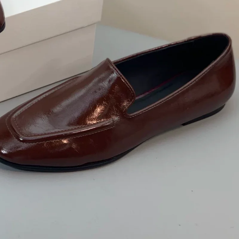 Sewing Lines Shoes for Womens Square Toes Flat Heels Shallow Female Loafers Shallow Zapatos Mujer Solid Real Leather Chassure