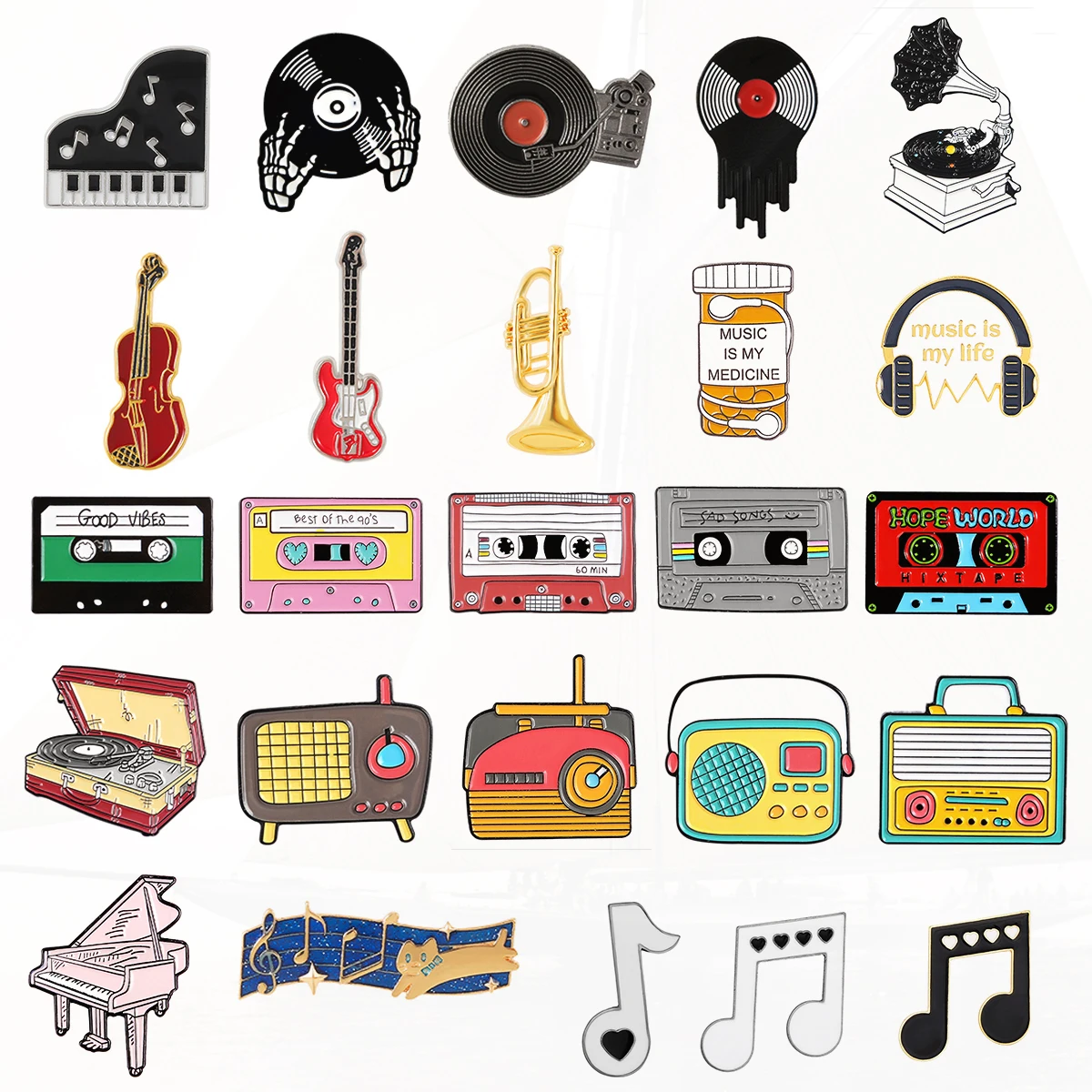 Símbolos musicais Emblema para música, toca-discos, rádio, crachá, broche, fita, alfinete, instrumento, piano, guitarra, acessórios