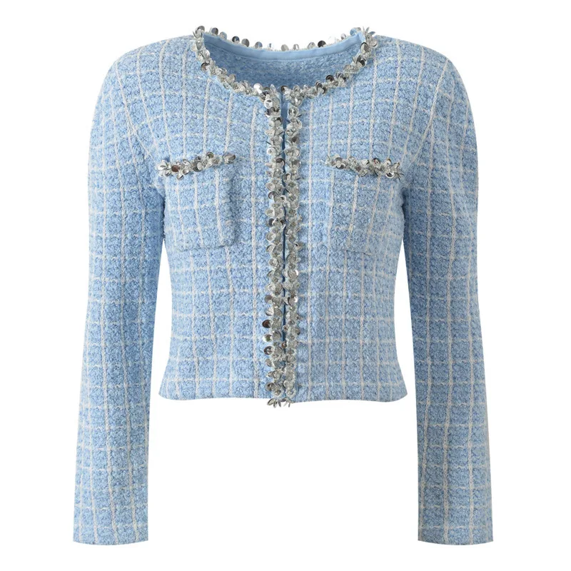 Viscose Polyester Dress Set French Elegant Sequin Beaded Slim Fit Blouse & Skirt Office Luxe