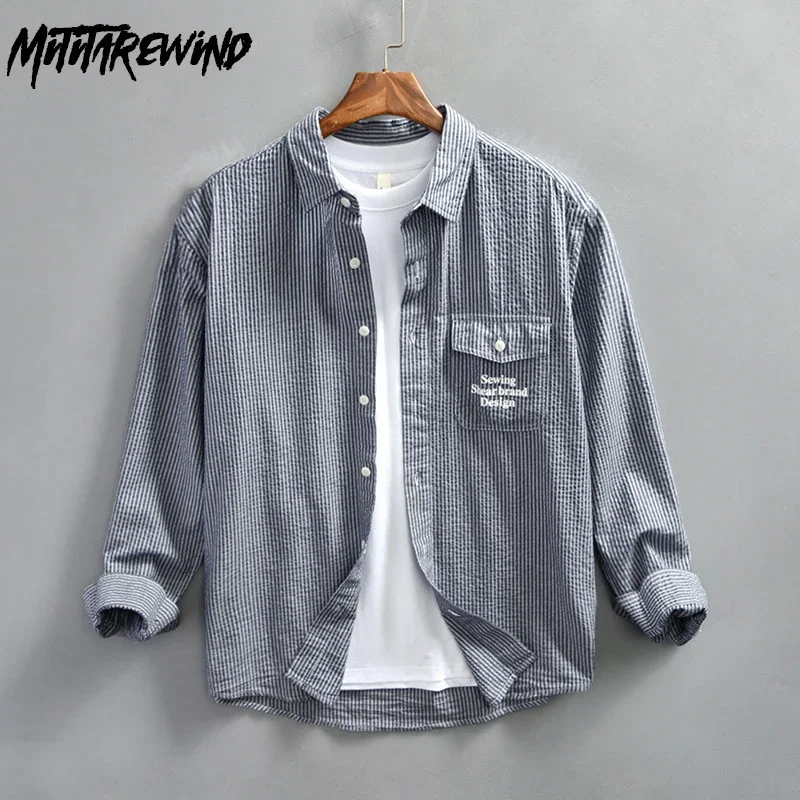 

Новые мужские полосатые рубашки 4XL, весна-лето, повседневные свободные рубашки, японская повседневная рубашка с лацканами и пузырьками, мужские топы из чистого хлопка в стиле ретро
