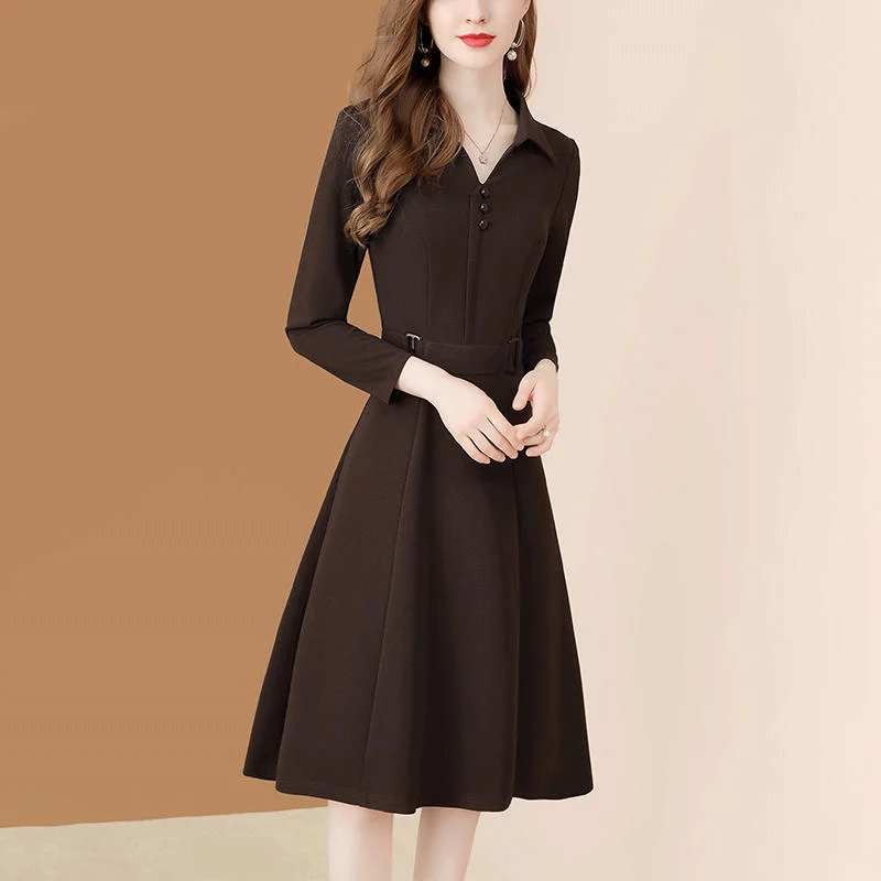 

Autumn Winter Office Ladies Work Midi Long Dress Women Elegant Long Sleeve Lapel Solid Slim A-LINE Belt Tunic Dresses