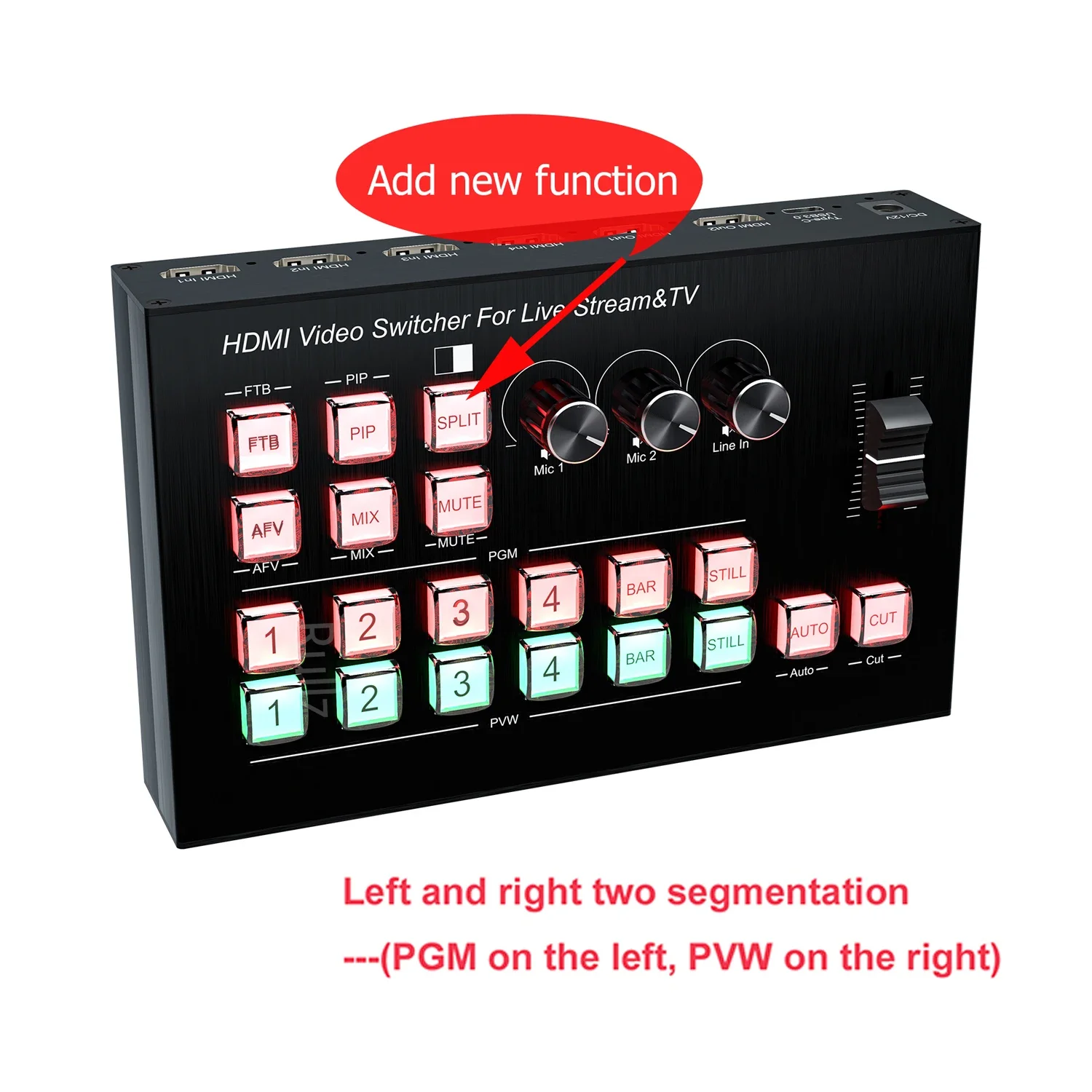 4K 4 Channel HDMI Video Mixer Switcher Audio Mixing for Multi Camera Live Production Line in Out PIP 1080p60 UVC Live Streaming