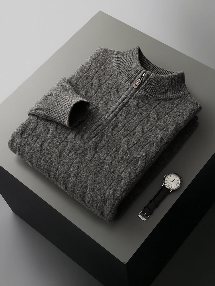 Office Autumn Winter Sweater Pullover Men 100% Merino Wool Sweater Mock Neck Twist Flower Warm Clothes Commut Versatile Knitted