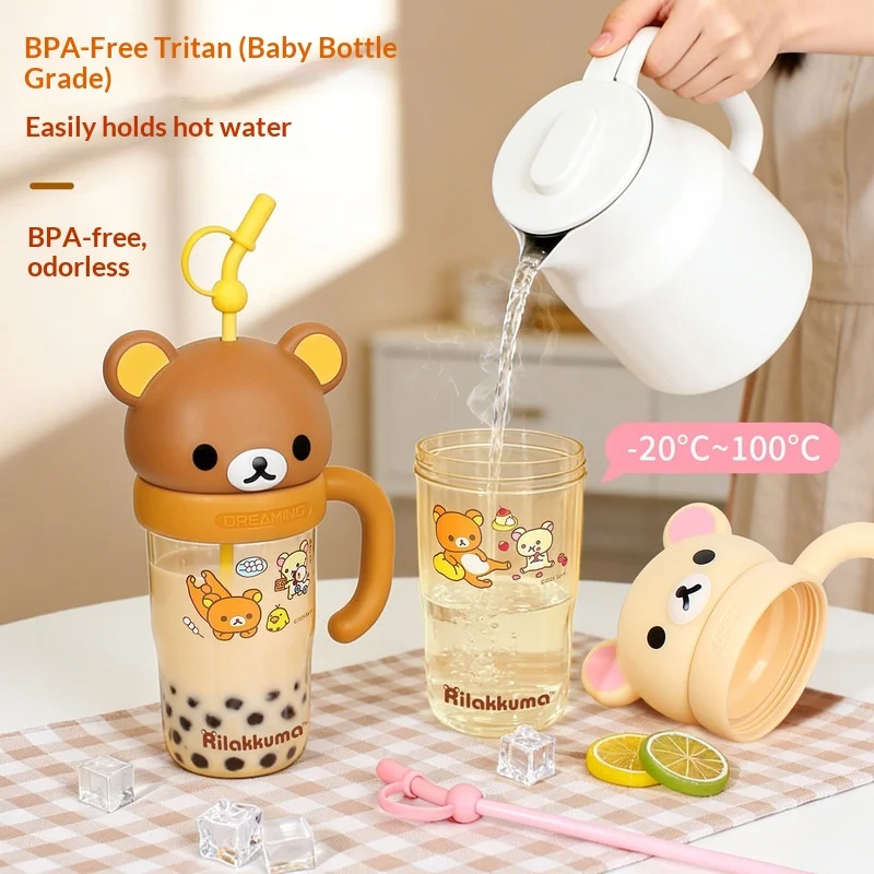 Kawaii 830ml Rilakkuma Ton Ton Cup Super Large Capacity Water Cup Portable Cartoon Bear Drinking Straw Cup Anime Peripheral Gift view 3