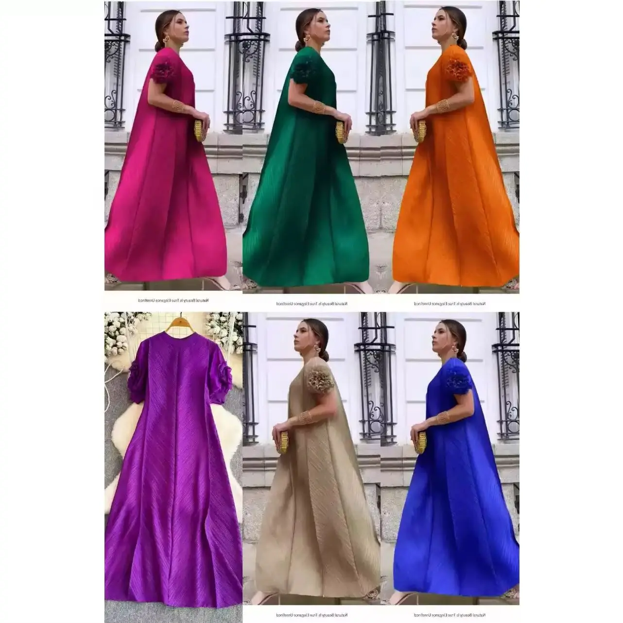 

Miyake Women's 3D Flower Pleated Loose Long Dress Korean Summer Fashion Simple round Neck Oversize Big Stretch Casual Dress