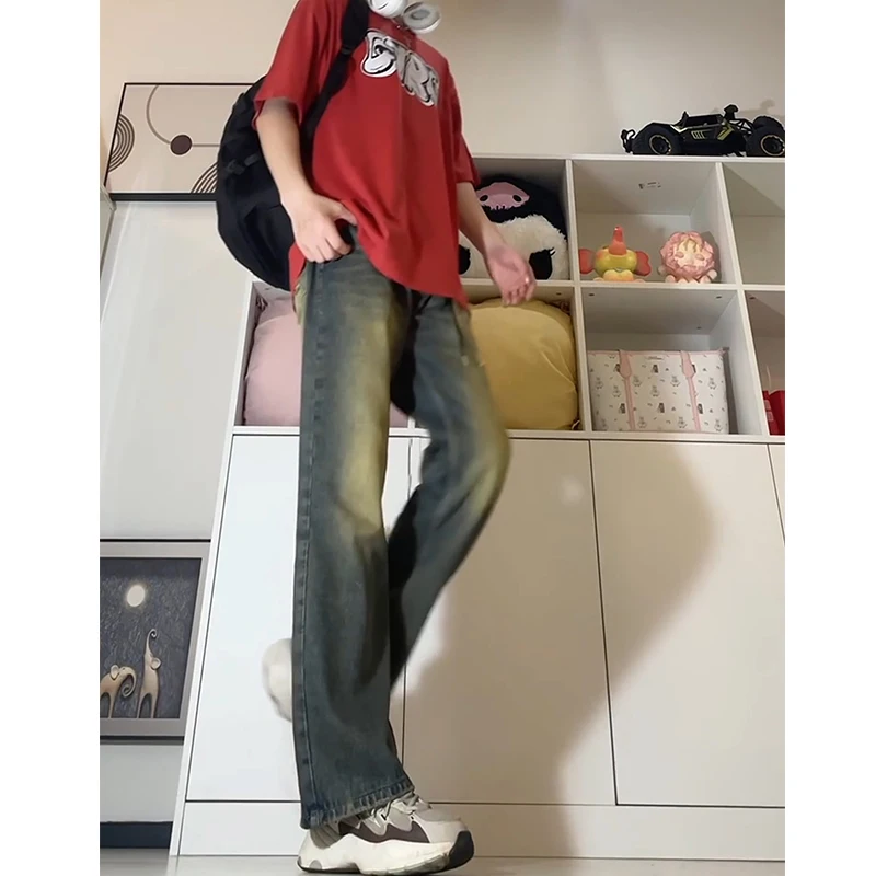 

Мужские джинсы в стиле ретро, синие, с высокой талией, удлиненные, зауженные, прямые брюки-клеш для высоких мужчин