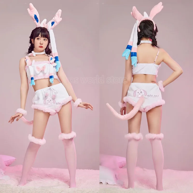 Anime Sylveon Cosplay Costume For Women Kawaii Flannel Split Pajamas Tail Socks Suit Bunny Girl Cute Plush Uniform Sexy lingerie