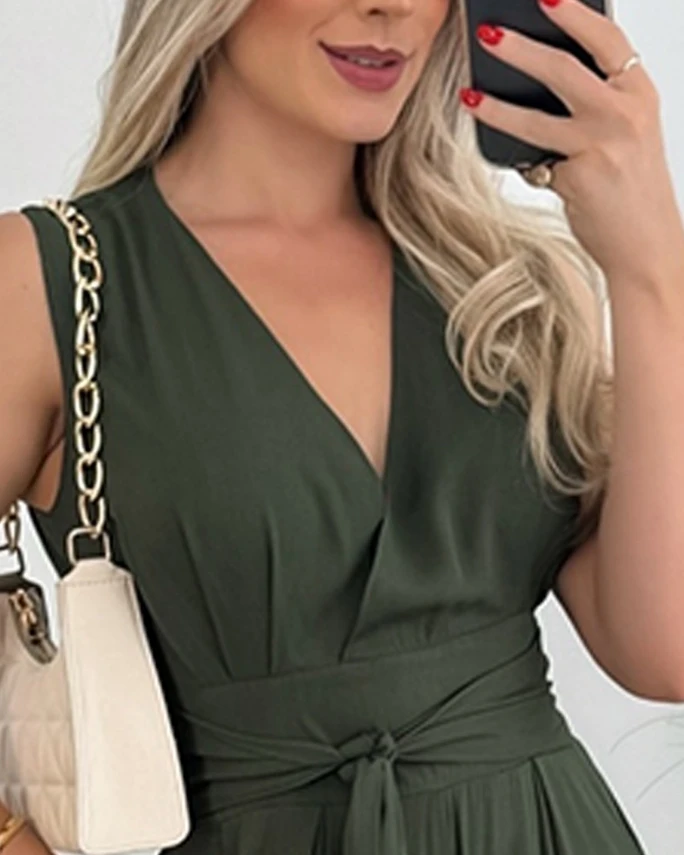 Elegant Jumpsuit for Women 2024 Summer Fashion New Casual Tied Detail Pocket Design High Waist Wide Leg Jumpsuits Female Overall