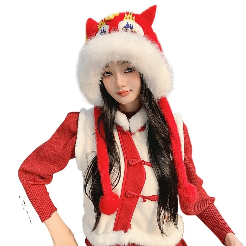 Ear Muffs Lion Dance Beanies Hat Lace Up Tassels Winter Plush Warm Hat Thickened Chinese style New Year Pullover Cap