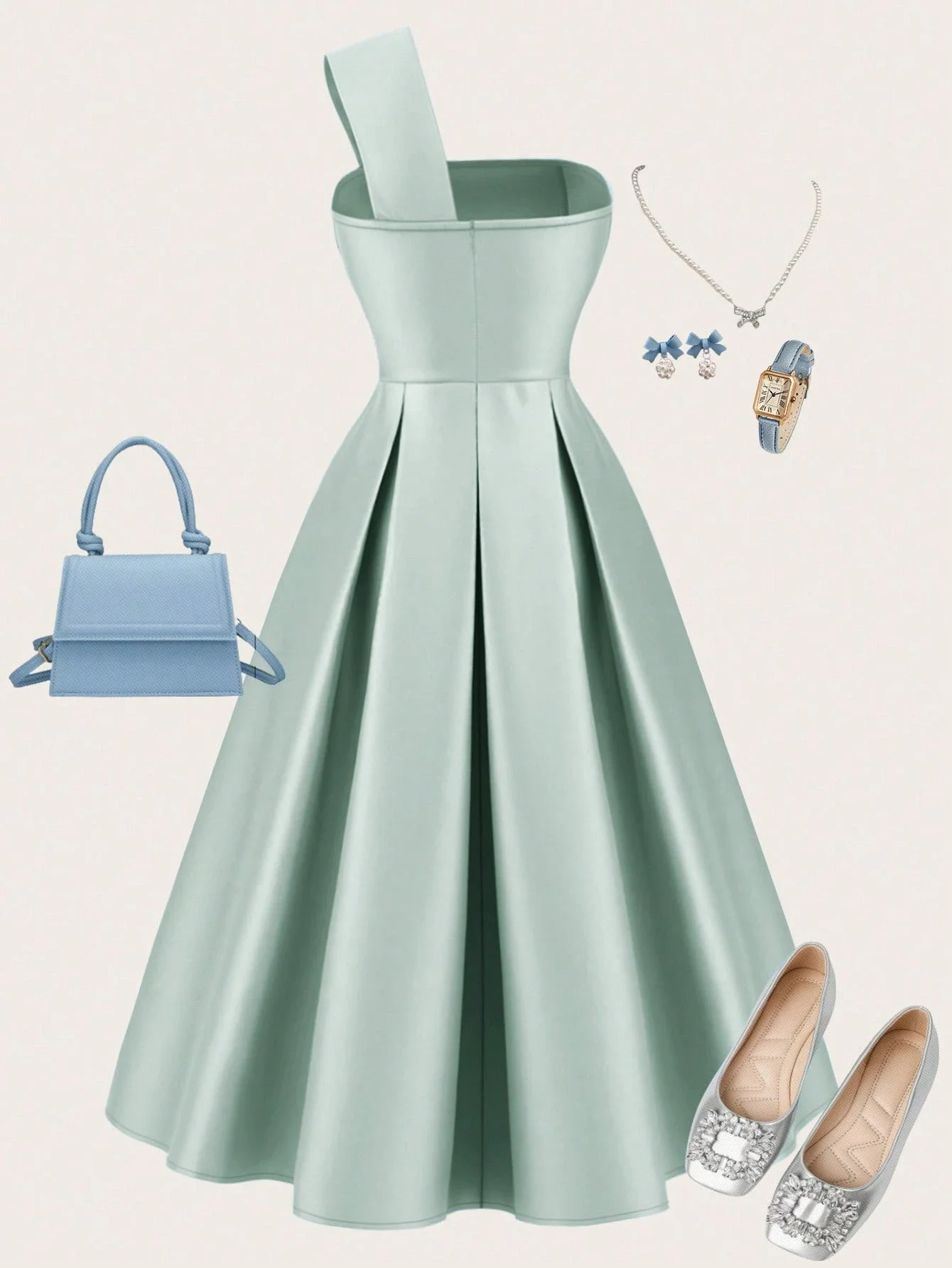 

Элегантное светло-зеленое вечернее платье А-силуэта с бантом на одно плечо