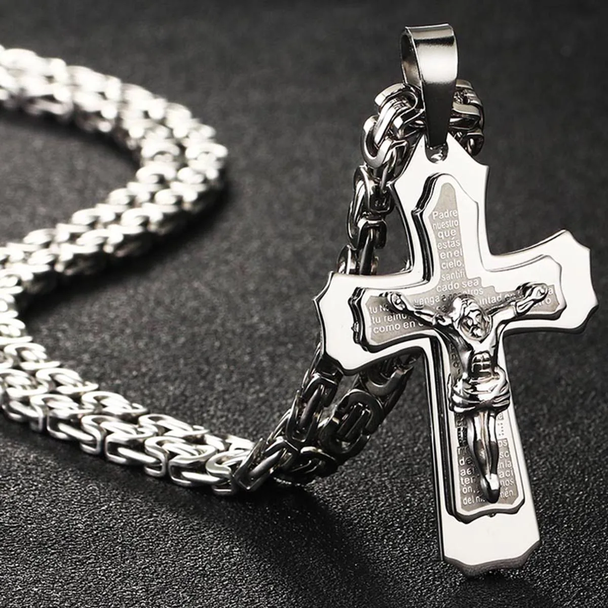 Heilige Bibel Kruzifix Jesus Kreuz Anhänger Halskette Männer Edelstahl Byzantinische Kette Halskette Christian Vaterunser Schmuck – Detail 5