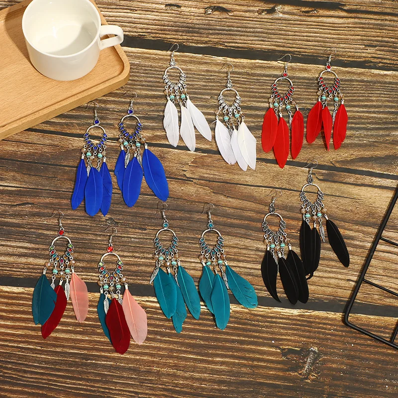 Bohemian color diamond-encrusted long earrings, red fringed feathers, exaggerated earrings, vacation accessories, cross-border s