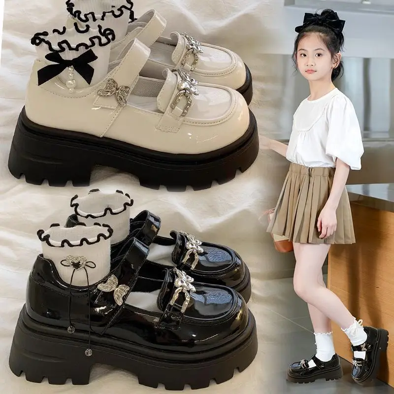 

2025 Autumn and Spring New British Style Princess Thick-soled Fashionable Shoes for Girls Black Mary Jane Shoes for Children