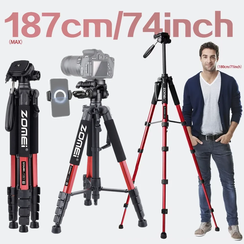 Zomei 187cm73.6in Tall Professional Aluminum Alloy Tripod Stand for Photography Camera DSLR Canon Nikon Sony Telescope Projector