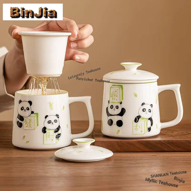 

350ML Hand Drawn Panda Fortune Filter Tea Separator Cup Cute Brewing Tea Mug With Lid Personal Separation Office Work Mug Gifts