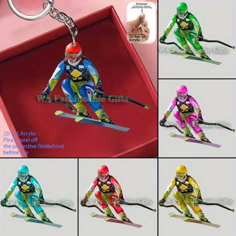 2D Colourful Skier Keychain Acrylic Pendant Christmas Tree Ornament 6pcs Car Accessory Interior Charm Party Favors Festive Gifts