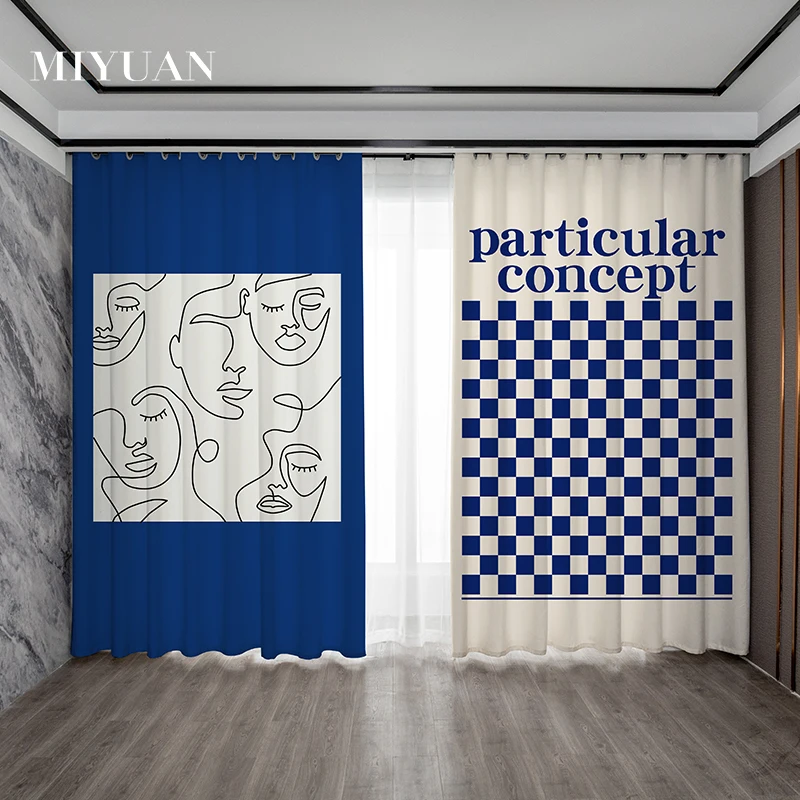 

New Living Room Curtains Nordic Ins Klein Blue Trendy Art Geometry Bedroom Shading No Punching