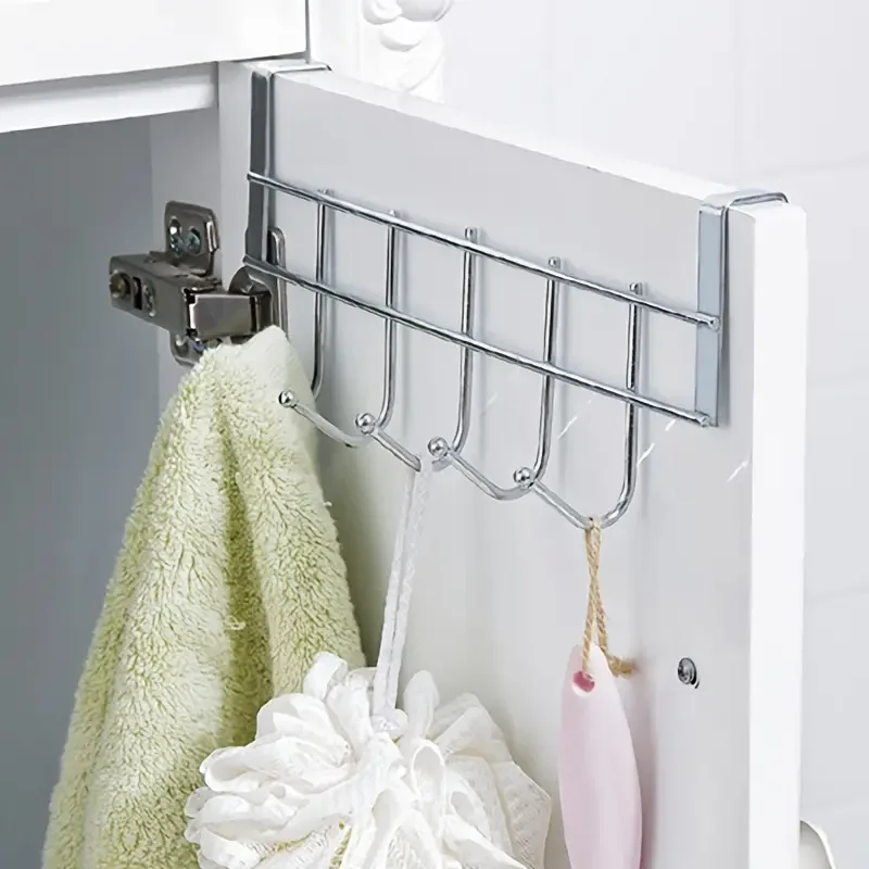 1Pcs Stainless Steel 5-Hook Cabinet Hooks - Punch Free, Strong and Durable, Perfect for Shower Doors and Closet