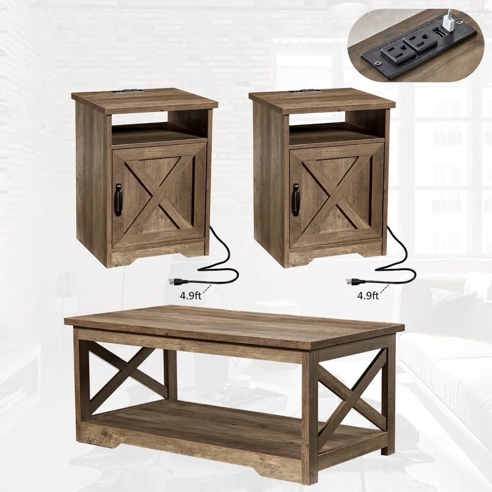 3-Piece Farmhouse Table Set Includes Coffee Table& Two End Tables, Side Table with Charging Station and USB Ports