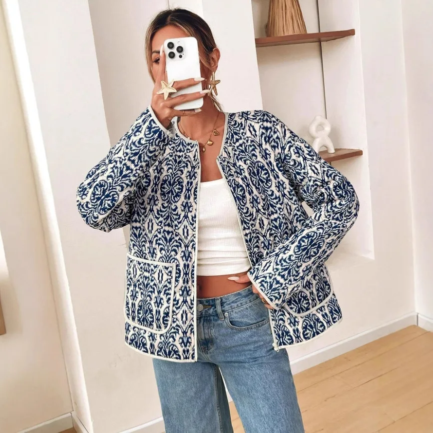 

2025 осенне-зимняя женская куртка, повседневная простая женская одежда на молнии с длинными рукавами и принтом