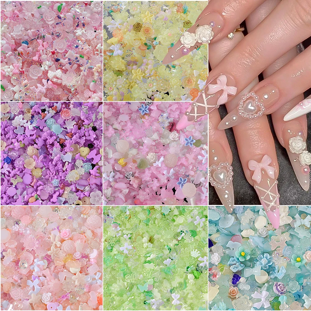    500-600 pièces mélange résine arc ongles accessoires Kawaii rose/bleu/jaune ruban nœud papillon fleur Nail Art breloques bricolage décor