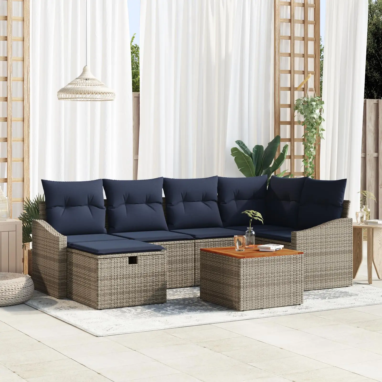 

7 Piece Outdoor Garden Sofa Set Grey Poly Rattan with Cushions Comfortable Seating for Patio Balcony and Backyard
