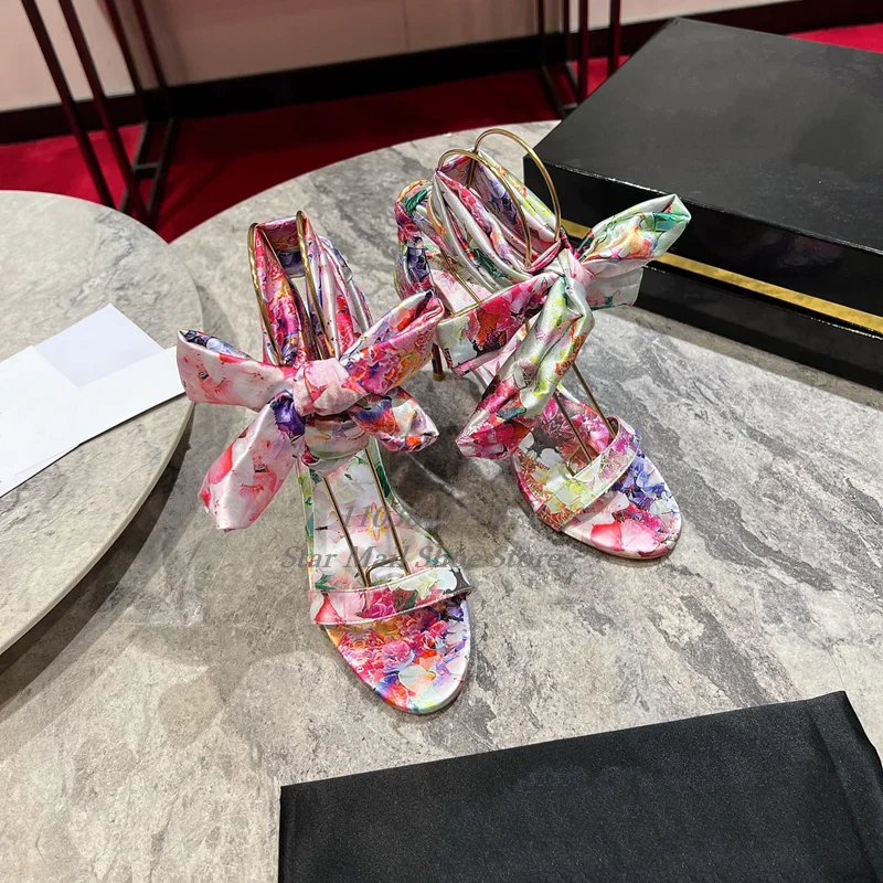 Colorful Flower Print Women High Heel Sandals Sexy Peep Toe Ankle Ribbon Stilettos Wavy Bag Heel Slip On Shoes and Bags Matching