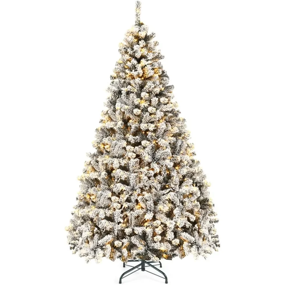 9ft Pre-Lit Artificial Christmas Tree, Premium PVC Snow Flocked Hinged Pine Tree with Metal Stand and LED Lights