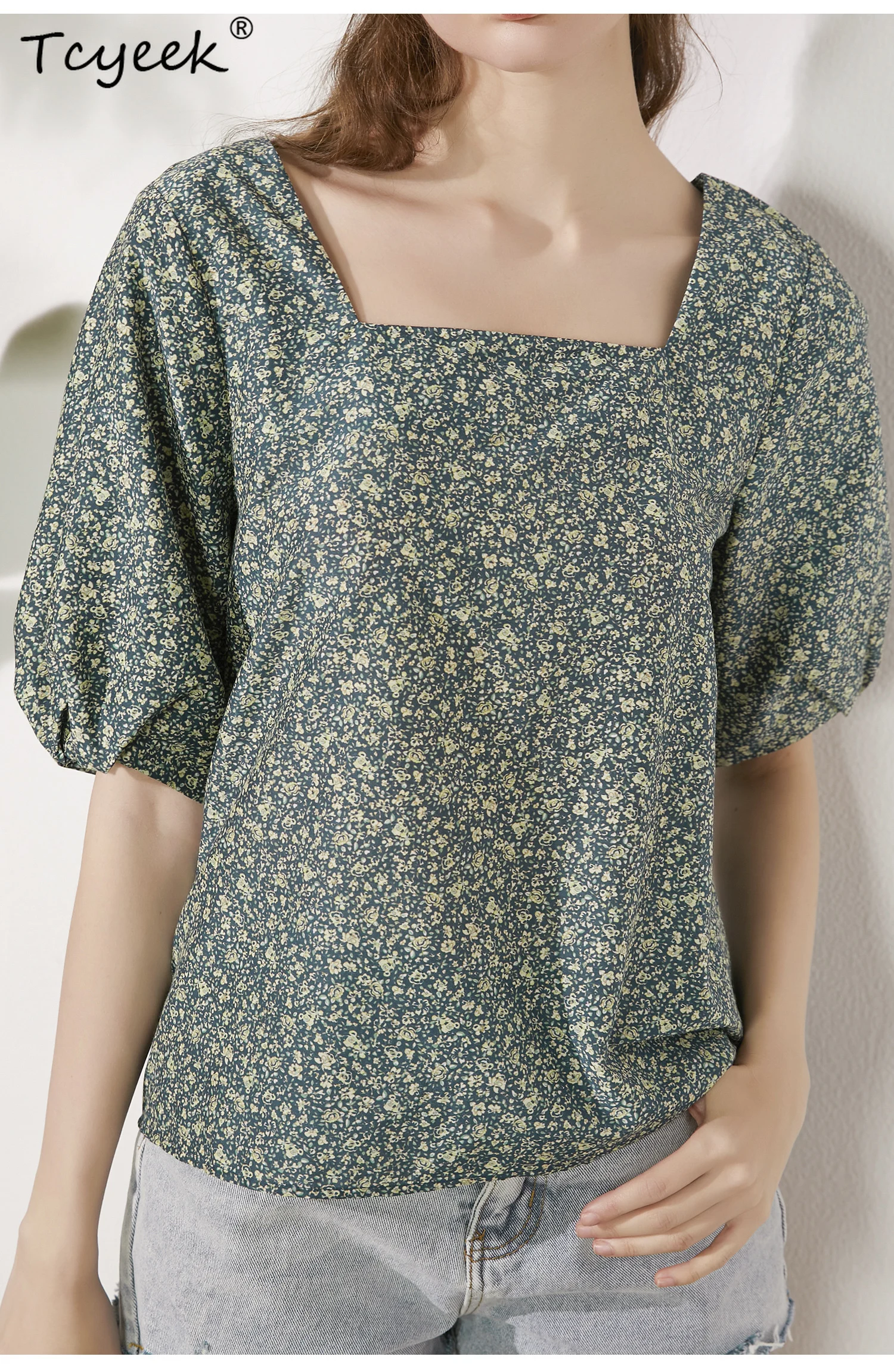 Tcyeek T-shirt da donna in cotone 30% seta 70%, colletto quadrato a maniche corte floreale, top casual dolce ed elegante, estate T47149QM