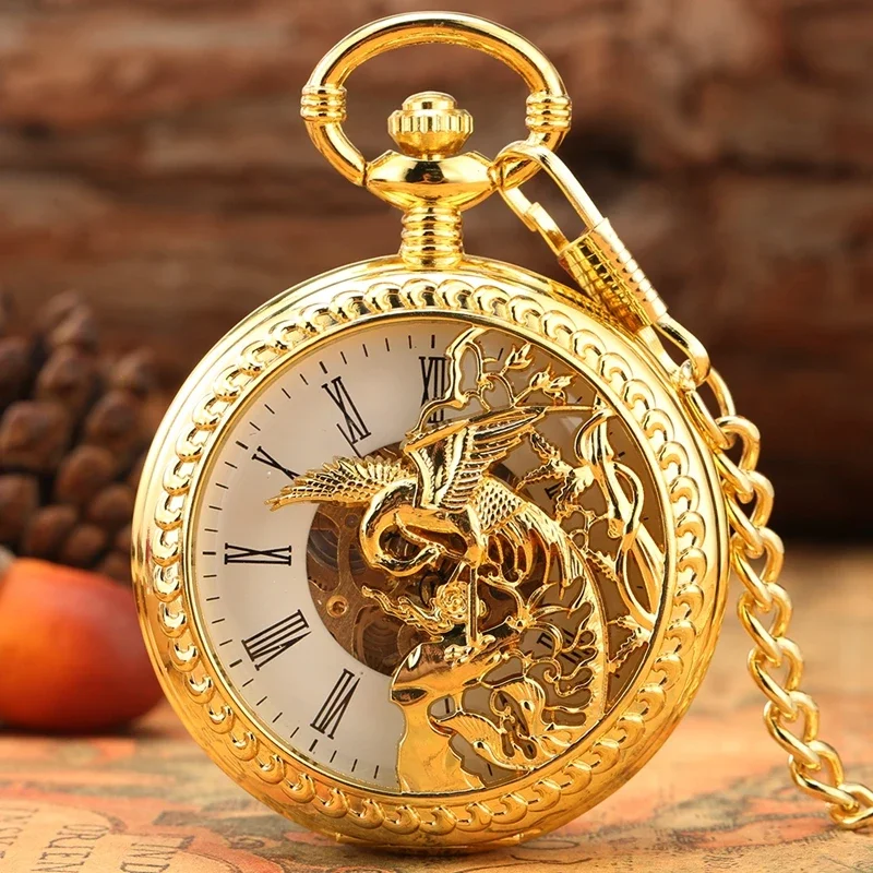 

Antique Double Hunter Clock Bronze/Gold Phoenix Men Women Manual Mechanical Pocket Watch Handwinding Watches Pendant Chain