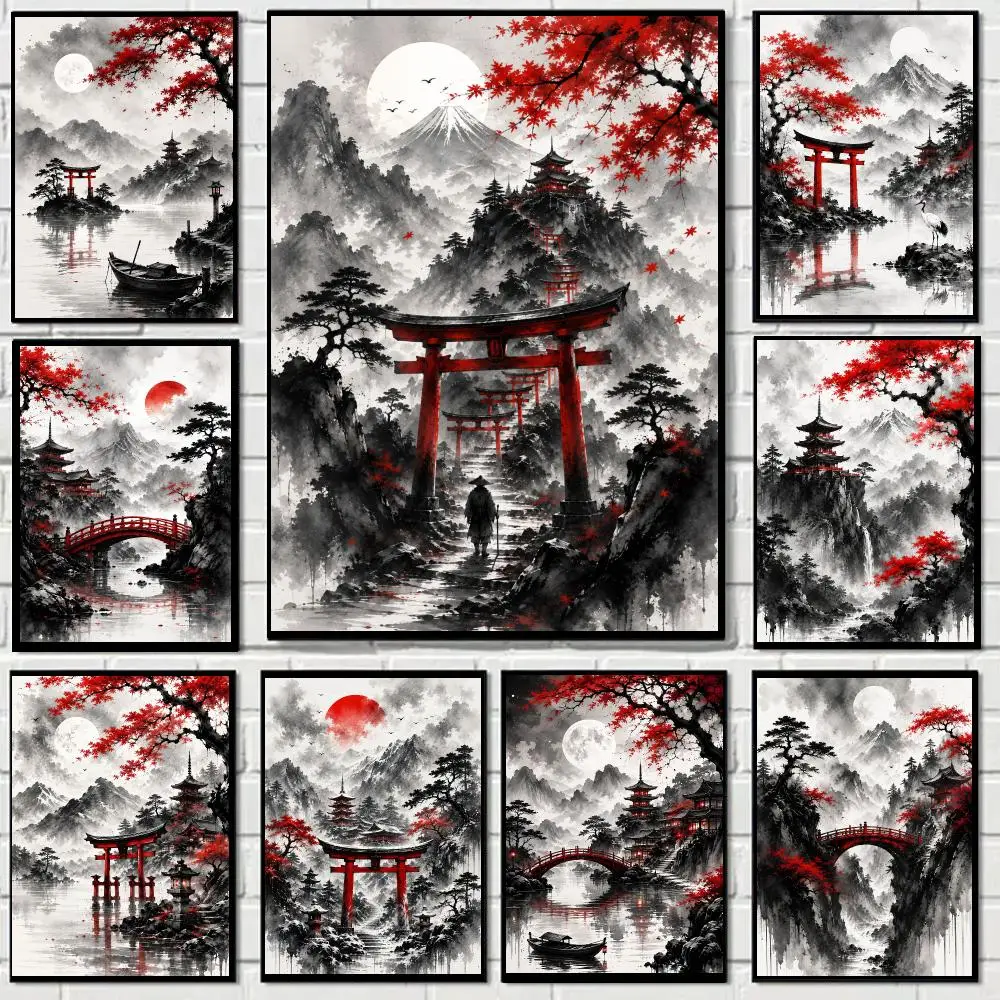 Japanese Ink Red Maple Mountain Torii Poster Art HD Advanced Aesthetic Printing Paper Wall Art for Living Room Home Decor