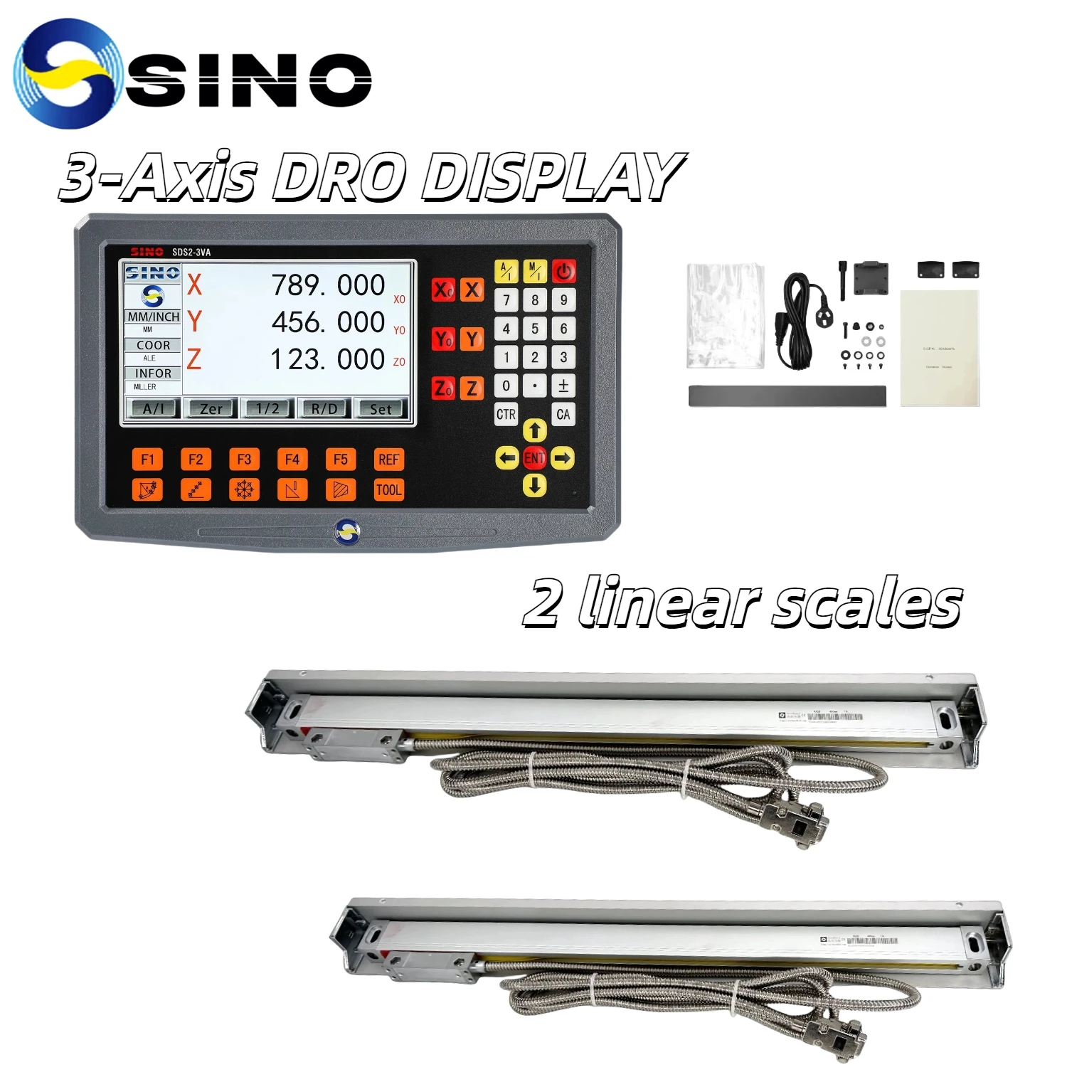 SINO 3-Achsen-LCD-DRO-Digitalanzeigekit mit 3 oder 2 DRO-Linearskala, Gitterglaslineal zum Fräsen von Drehmaschinen, SDS2-3VA
