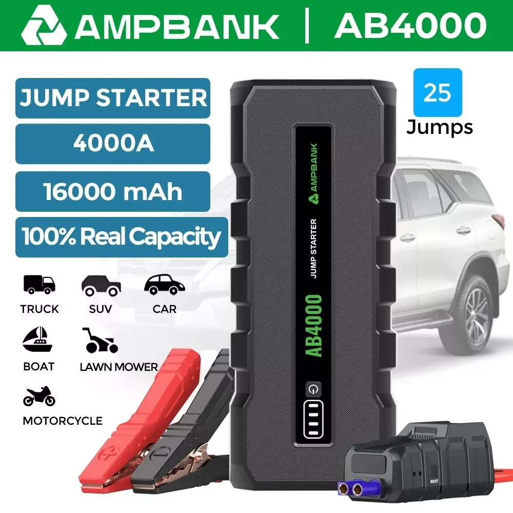 

AMPBANK AB4000 Car Jump Starter 24000mAh Booster Power Bank Battery Charger Portable 12V Jumper Cables and EVA Protection Case