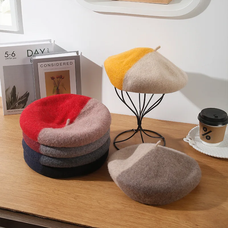 

Personalized Color Blocked Beret women's Painter Hat Winter Retro Pumpkin Hat Wool Fashionable Top Hat Boina Gorro 4m769
