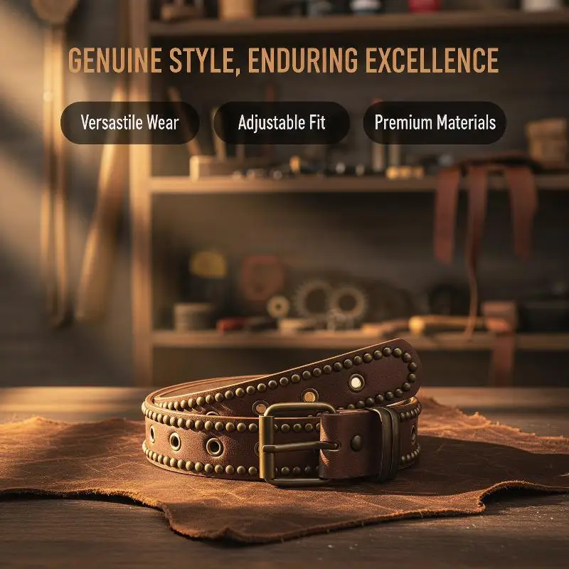Vintage PU Leather Belt With Rivet Studs Hollowed-out Design Perfect For Daily Wear Jeans Casual Outfits