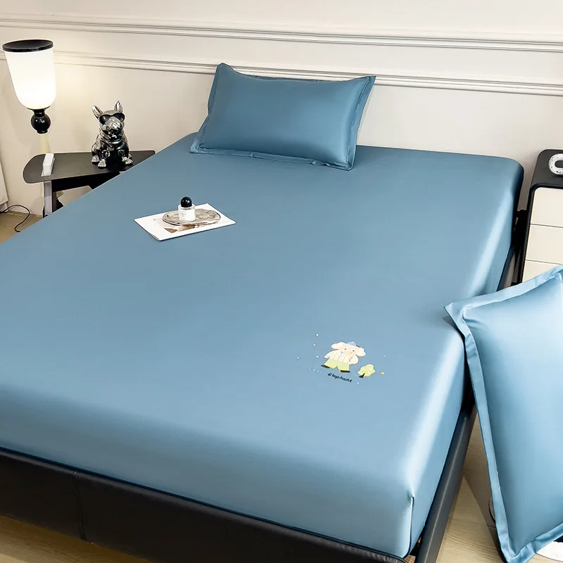 Ice Silk Cooling Fitted Sheet Solid Color Elastic Bed Sheet Full Set for Double Bed Clearance Sale Cheap Bedding Protector