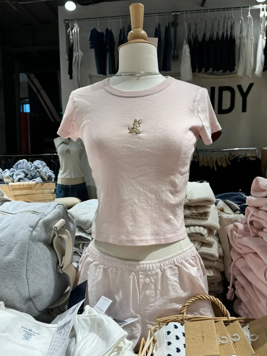 Little Dear Embroidery T-shirt Woman Fashion O-neck Short Sleeve Casual Cute Pink Tee Tops Vintage Sweet Cotton Tshirt Y2k Top