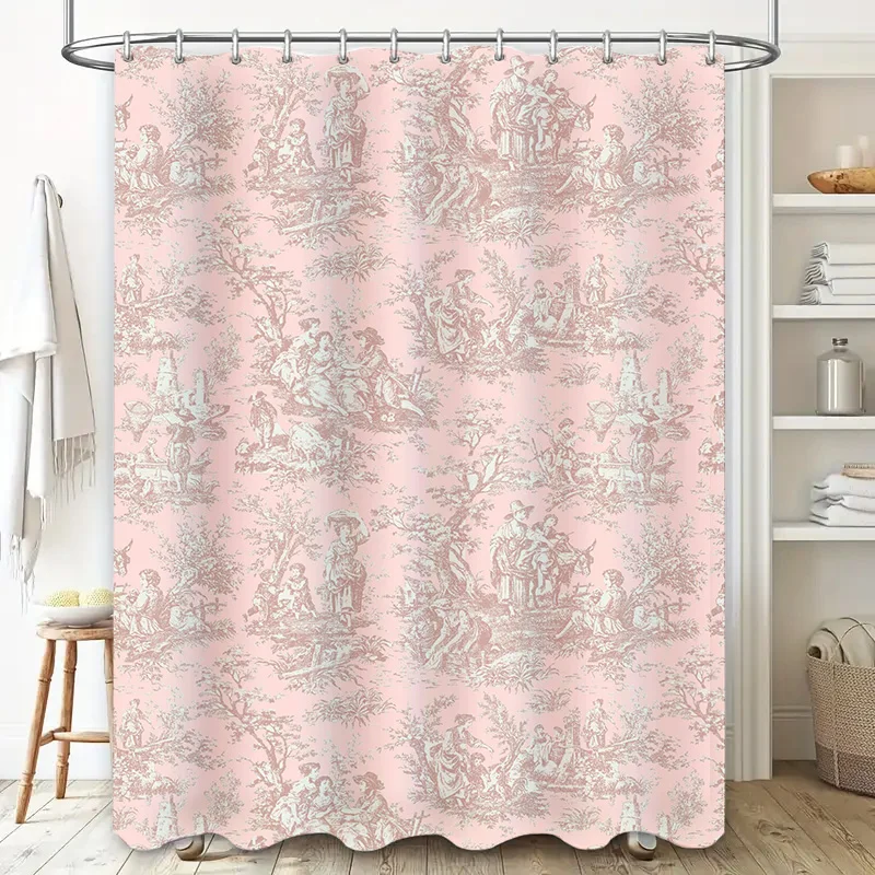 Toile de Jouy دش الستار الوردي الكلاسيكي الفرنسي البلد نمط حمام ديكور ديكور المنزل نسيج مقاوم للماء زينة الحمام