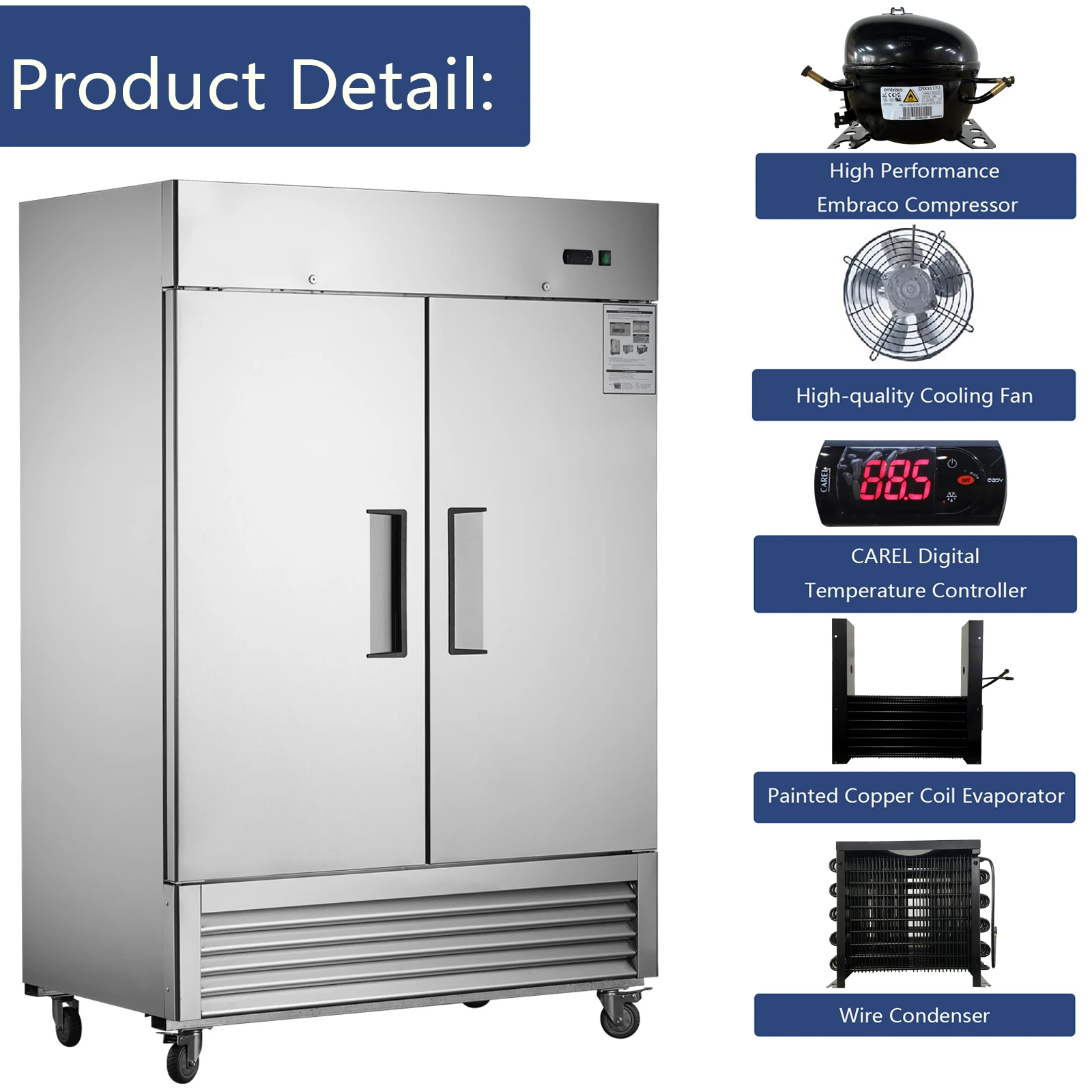 42.2 Cu.Ft. Commercial Upright Refrigerator 54"W 2 Solid Doors In ＆ Exterior Stainless Steel 33℉~39℉ Auto-Defrost for Home Bar