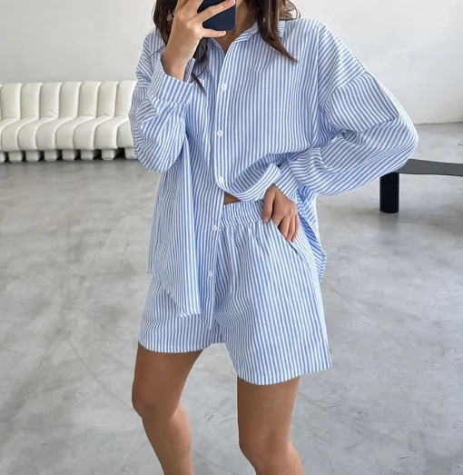 

Blue and White Striped Pure Cotton Shorts Set, Collar Shirt, Irregular Hem, Long Sleeved High Waisted, Loose Casual Hot Pants