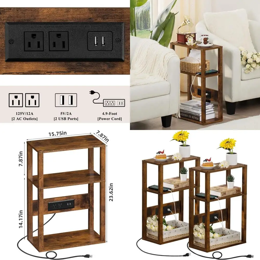 

Compact 2-Piece Wooden Side Table Set with Charging Station - Slim Nightstand for Small Spaces, USB Ports, and Outlets - Brown