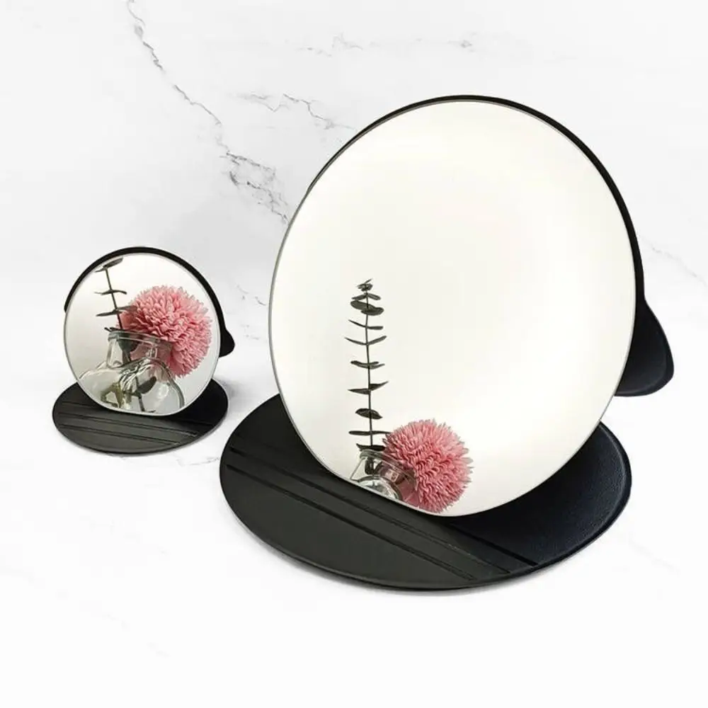 Pu Leather PU Desktop Stand Mirror Delicate Light Weight Circular Folding Makeup Mirror Round Solid Color