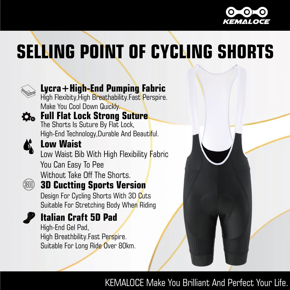 KEMALOCE pantaloncini da ciclismo da uomo in bianco nero 5d Gel Pad pantaloncini da bici riflettente traspirante estate MTB Lycra pantaloni da