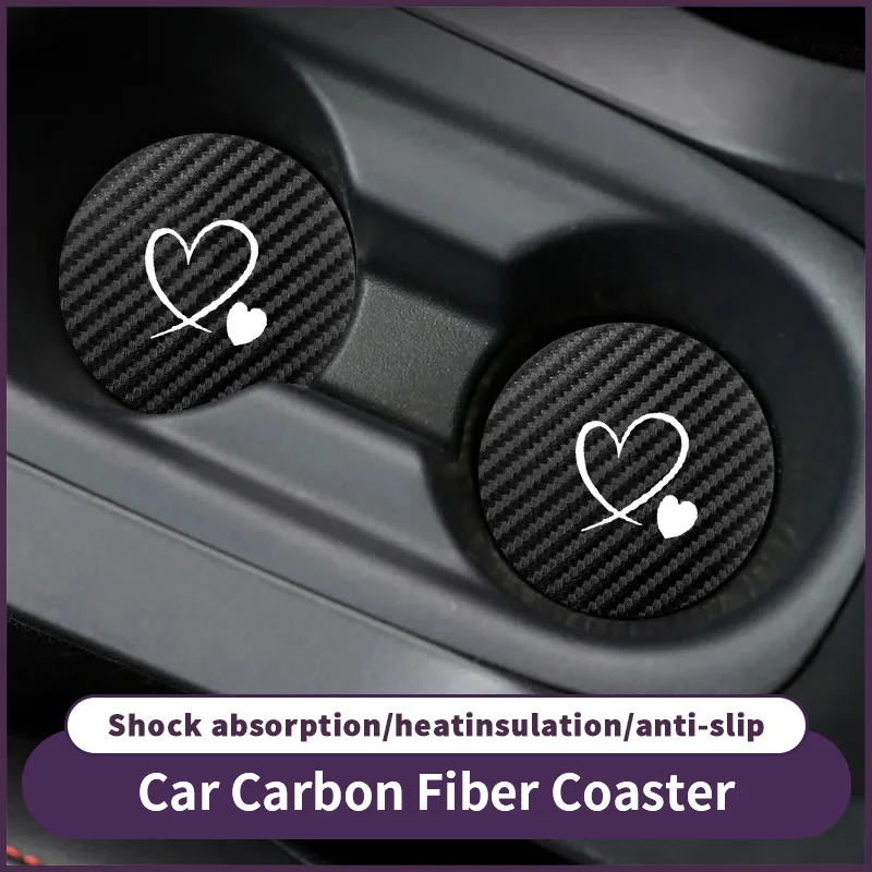 

1-Pair Car Cup Mat Size Love White Interior Anti slip Mat Carbon Fiber Pattern Car Cup Mat Storage Mat