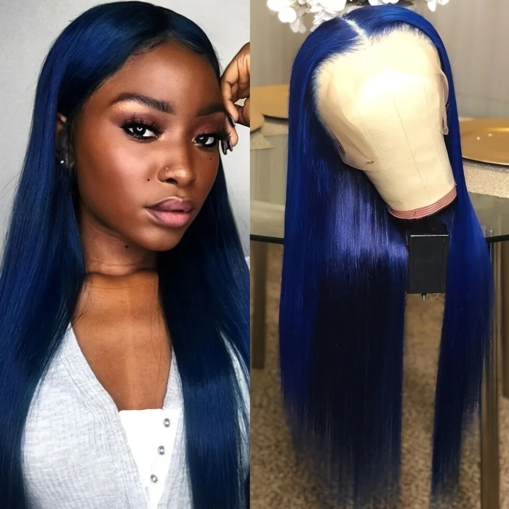 Midnight Blue Wig Long Straight Lace Fornt Wig 13x4 HD Glueless Synthetic and blend Pre Plucked Ready To Wear Cosplay