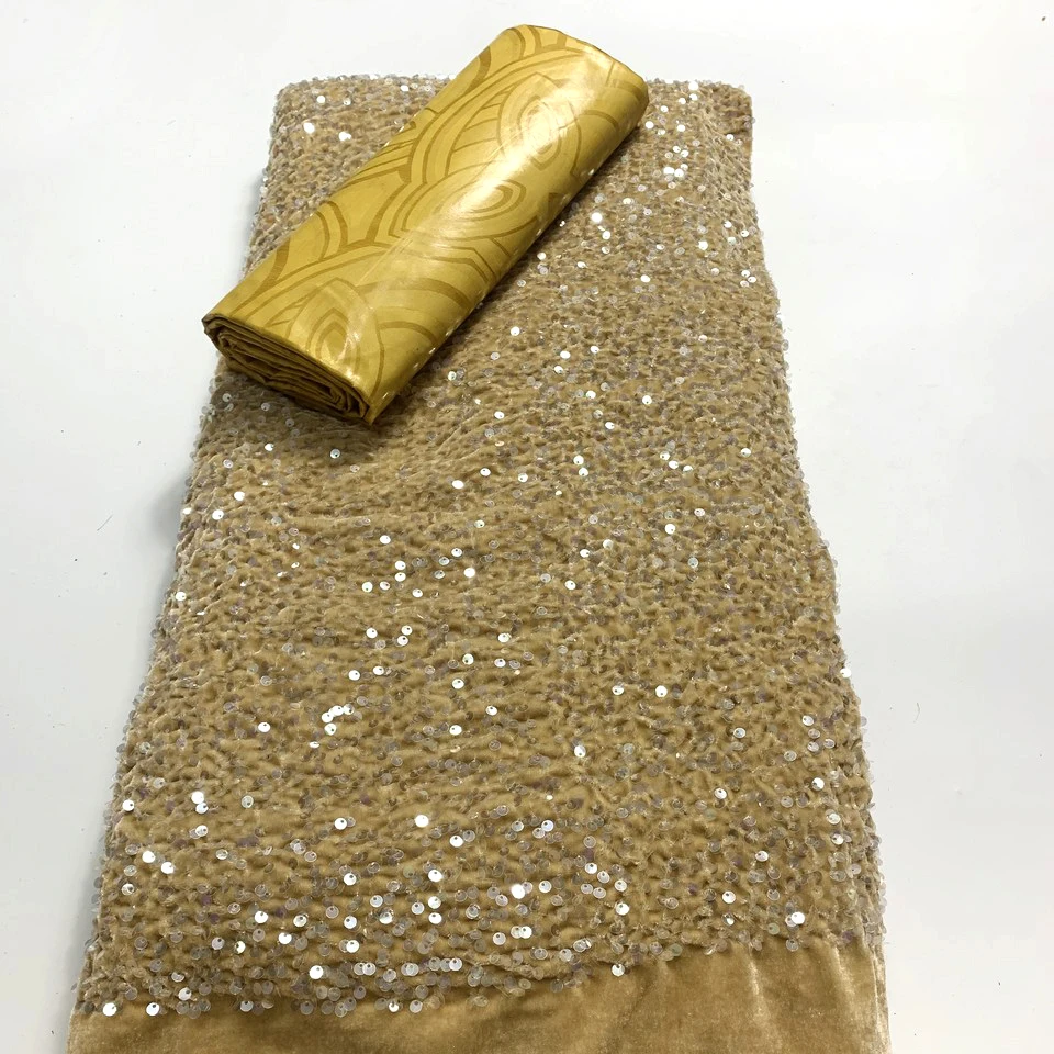 

2.5 +2.5 Yards Gold Latest France Bazin Riche 2022 New High Quality Embroidered Sequin Nigerian African Lace Fabric for Dress