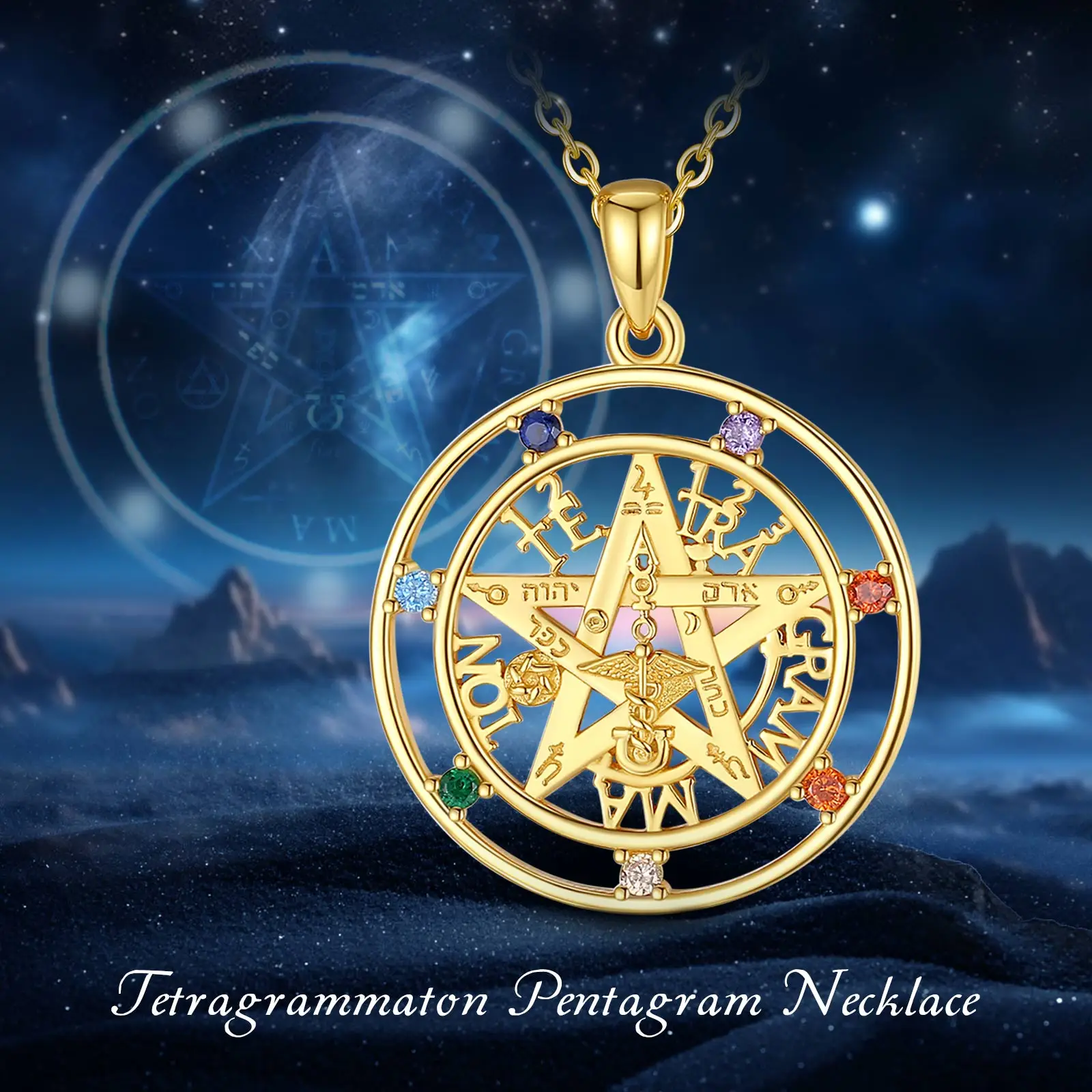 Eudora 925 Sterling Silver Pentagram Naszyjnik dla kobiet Mężczyzna 18K Gold Amulet 7 kolorów Chakra Tetragrammaton Wisiorek Drobna biżuteria