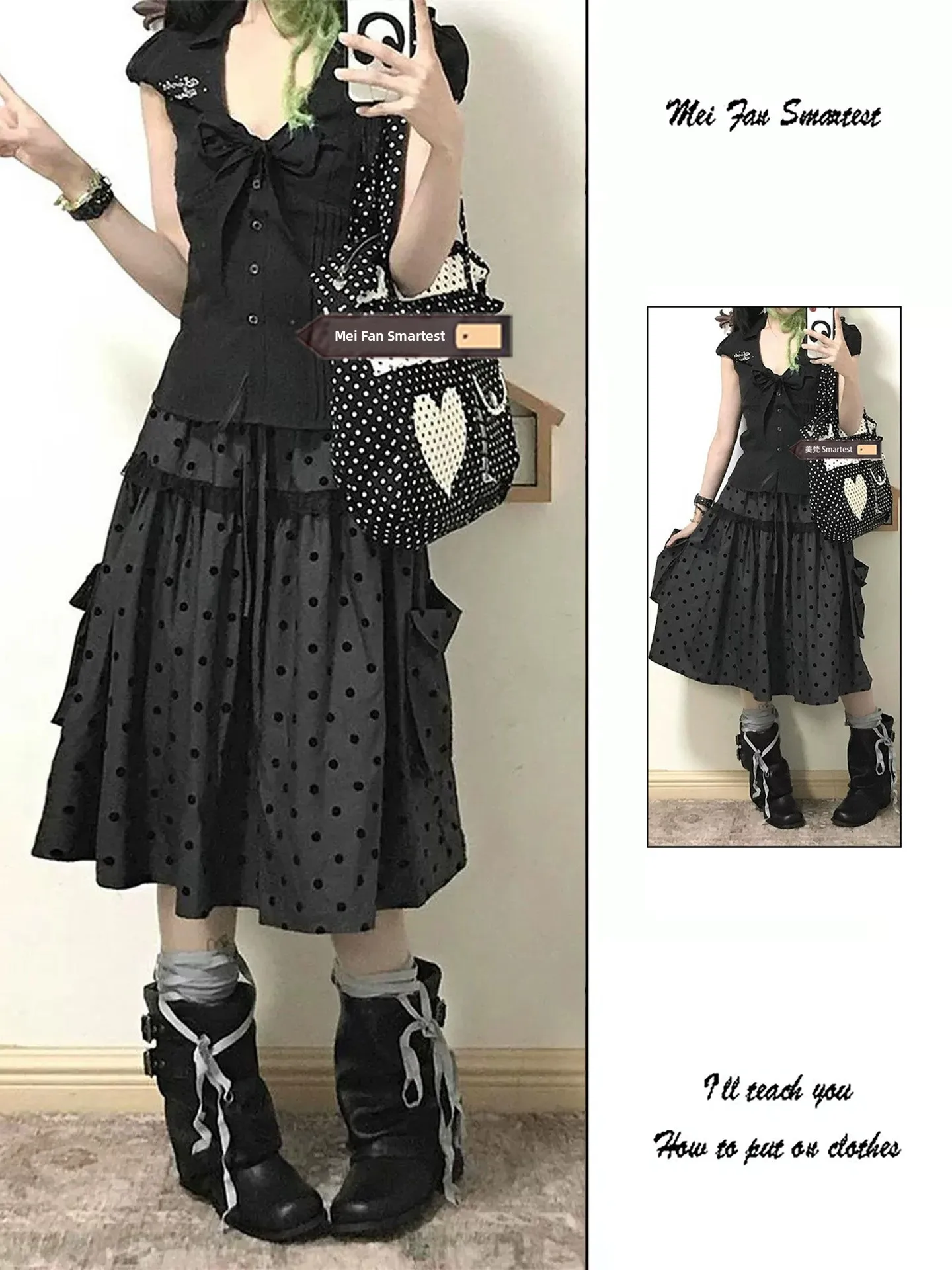 

Gray Polka Dot A-Line Midi Skirt Women's 2026 Summer New Retro Half-length Skirts Korean Style Commute Anti-static with