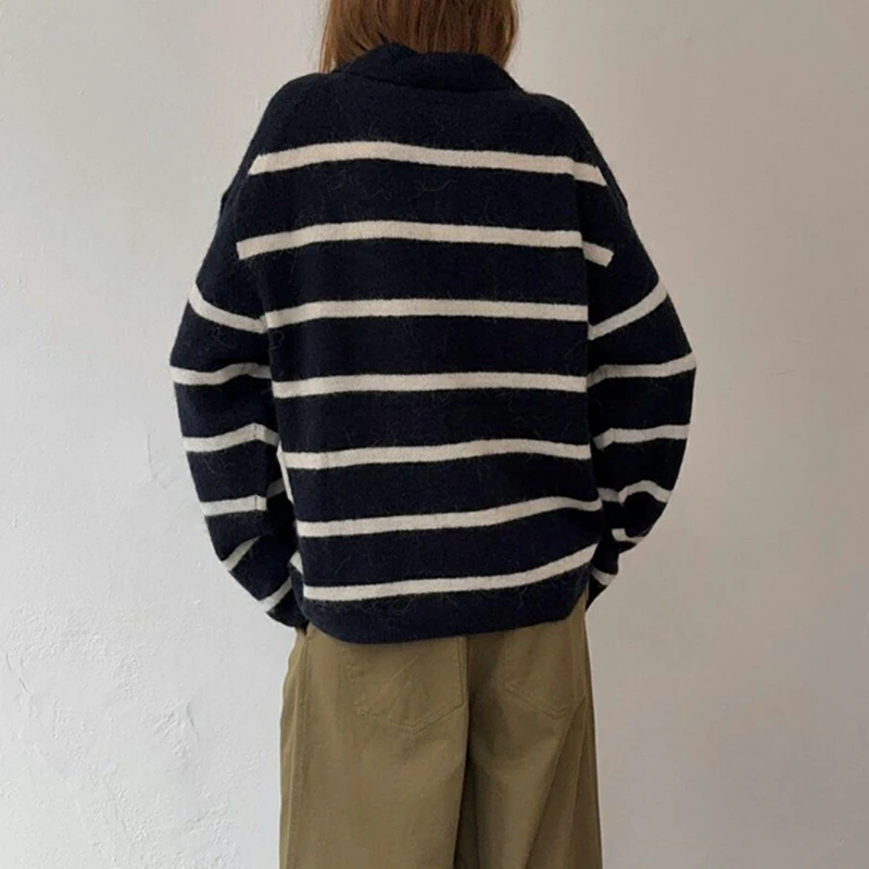 

Combhasaki женский повседневный винтажный полосатый свитер Y2k свободный воротник на пуговицах с длинными рукавами пушистый трикотаж пуловер джемпер топы